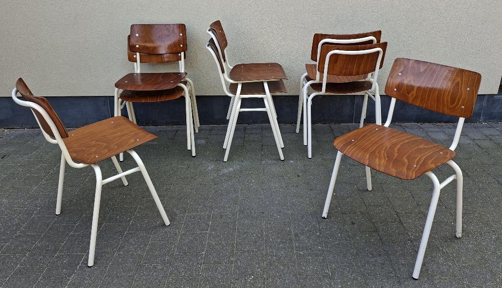 8 vintage plywood stoelen met witgelakt metalen frame, Ophalen, Gebruikt, Hout