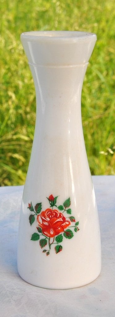 vase cintre en opaline de foire décor rose rouge, Ophalen of Verzenden