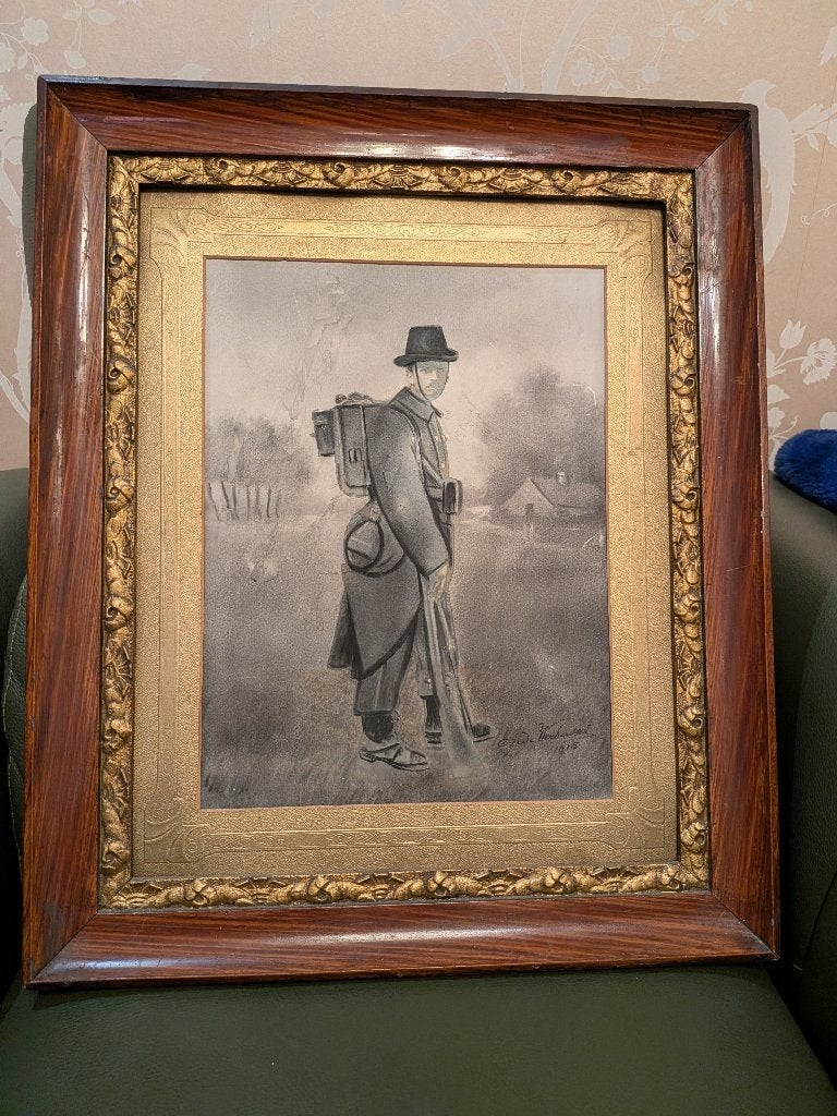 Antieke potloodtekening Belgische Karabinier in kader, 1915, Collections, Enlèvement ou Envoi, Armée de terre, Objet d'art