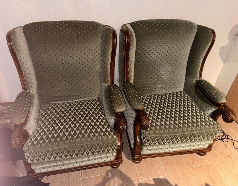 2 fauteuils vintage en tissu vert et bois sculpté, Enlèvement, Comme neuf, Bois, Vintage