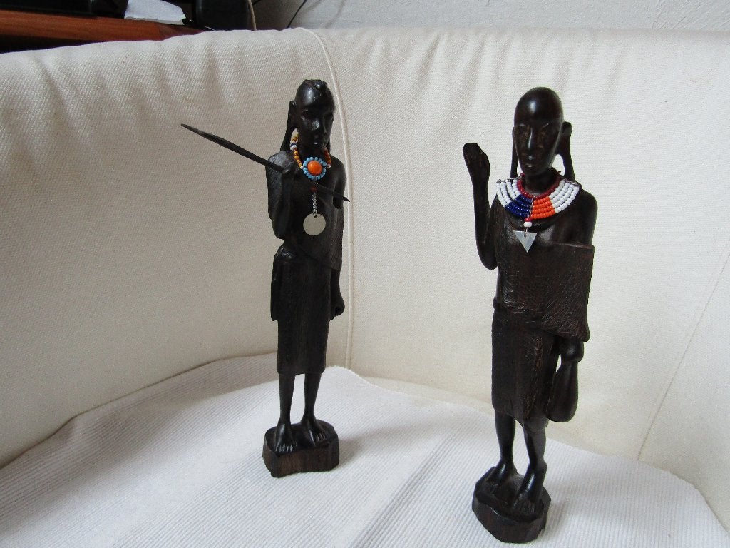 Subliem paar Afrikaanse beeldjes, in ebbenhout, Gepatineerd, Ophalen of Verzenden, 20 - 50 cm, Scène