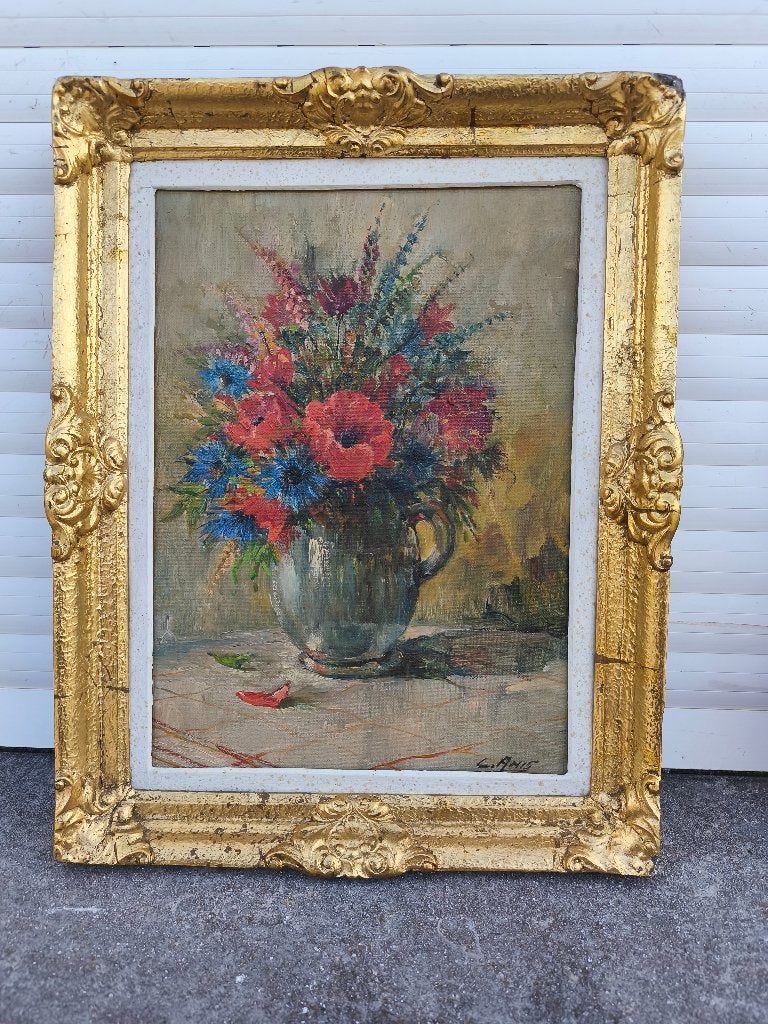 Huile sur toile fleurs signe clement anis, Enlèvement ou Envoi, Fleurs, Toile