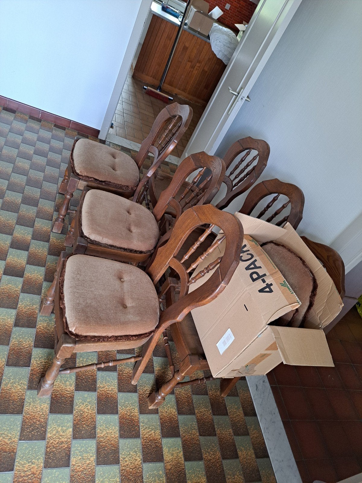 6 houten stoelen met 6 kussens, Brun, Enlèvement, Bois, Cinq, Six Chaises ou plus