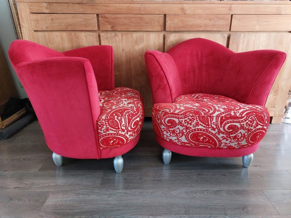 2 rode, fluwelen fauteuils, Maison & Meubles, Fauteuils, 75 à 100 cm, Bois, Enlèvement, Utilisé