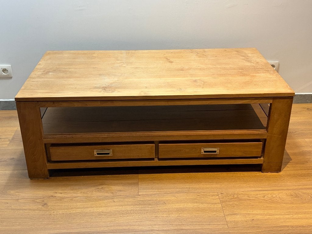 Robuuste Massief Houten Salontafel met 2 Laden en Open Vak (, Huis en Inrichting, Ophalen, Minder dan 50 cm, Gebruikt, Info@denekster.com