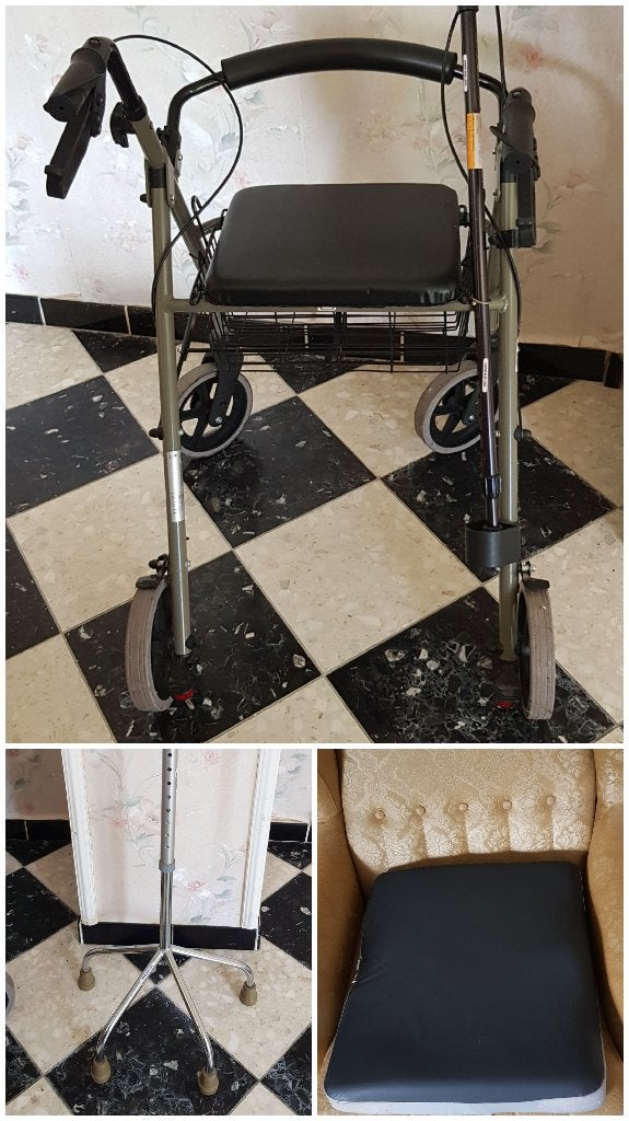 Déambulateur, canne quadripode et coussin anti escarres, Enlèvement, Utilisé