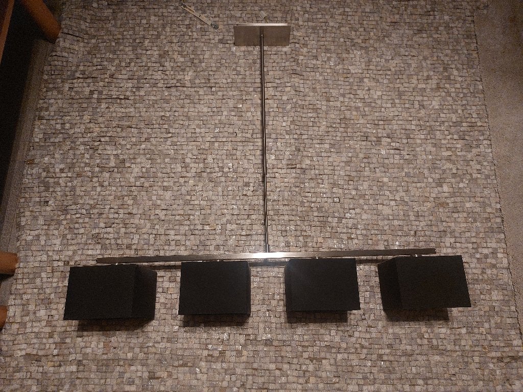 Suspension / Lustre moderne 4 lampes en métal et tissu noir, Ophalen, Gebruikt, Metaal, E27 (groot)