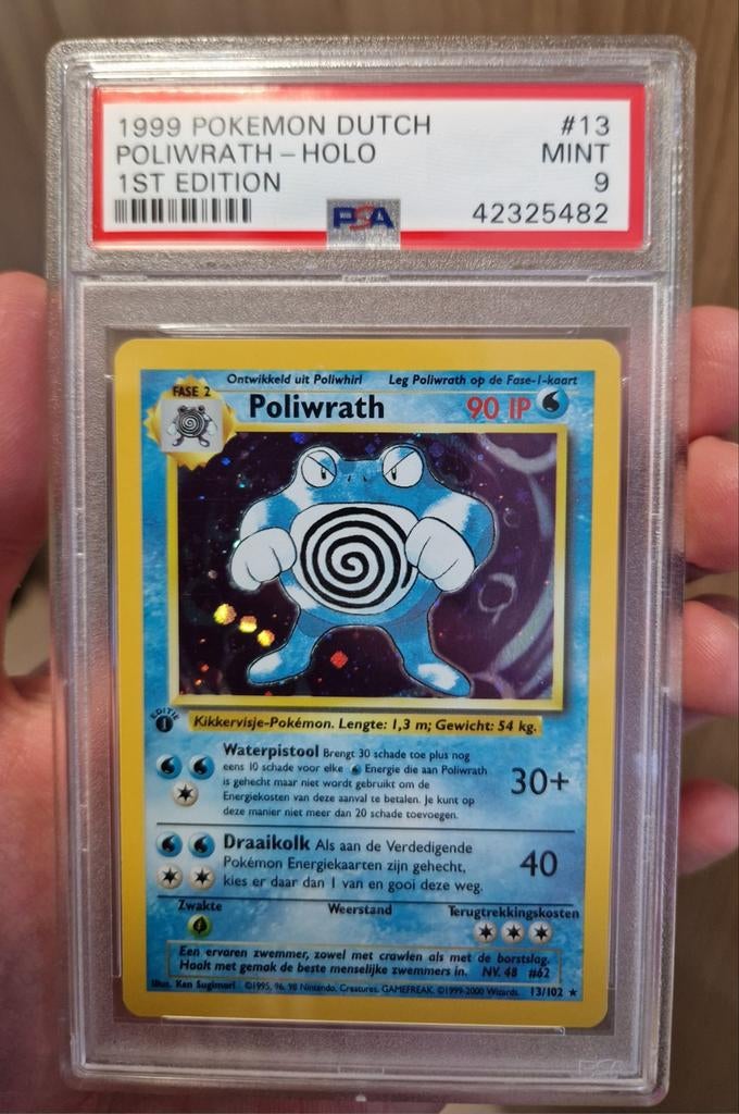 PSA 9 Poliwrath 1st edition 1ste editie Base Set Dutch NL, Ophalen of Verzenden, Nieuw, Losse kaart, Foil
