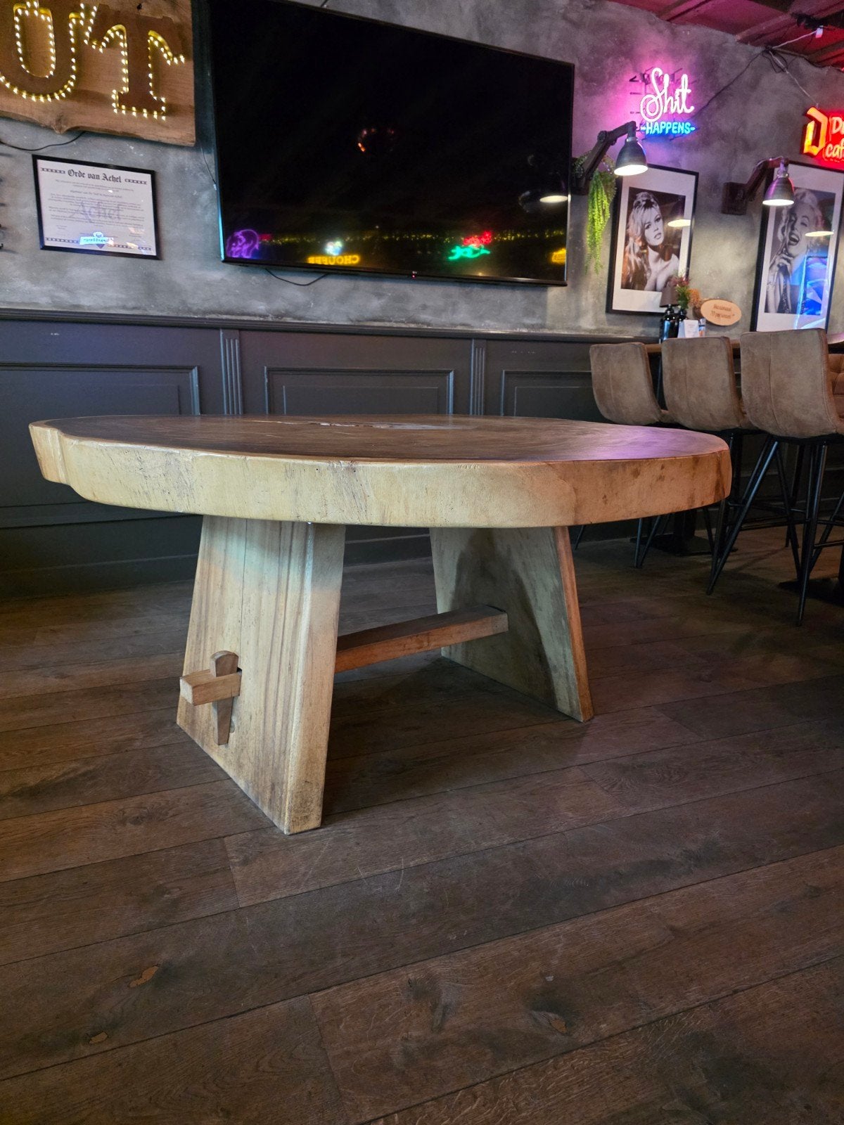 Uniek massief houten tafel, Ophalen, 50 – 75, 150 tot 200 cm, Rond