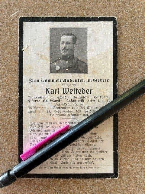 14-18 Duits soldaat Inf.Reg 59 Karl Weiteder+ Uhnów 8/9/1914, Verzamelen, Ophalen of Verzenden, Bidprentje