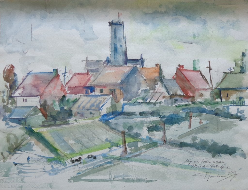 ONLEESBAAR / ZICHT MECHELEN / ORIGINEEL WERK / 30x40cm / SIG, Ophalen of Verzenden