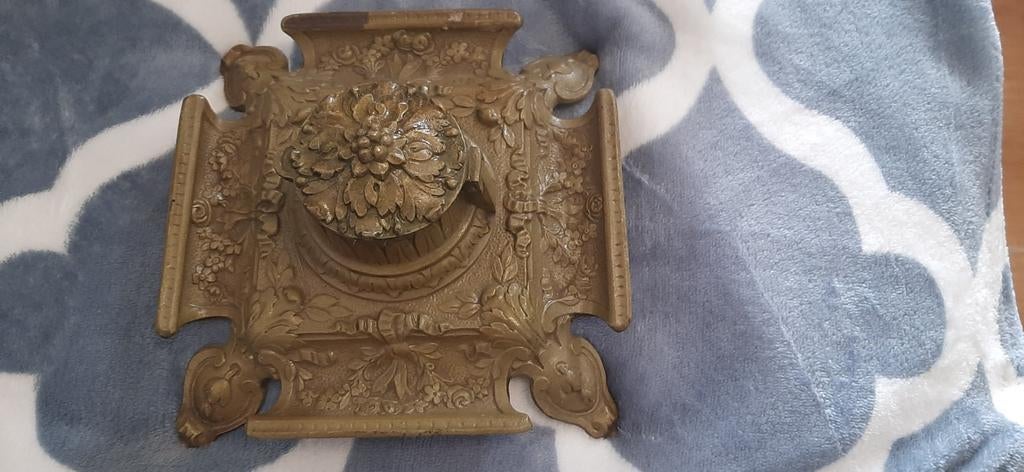 Oude inktpot in brons met gouden patina J H gedeponeerd impe, Antiek en Kunst, Ophalen of Verzenden, Brons