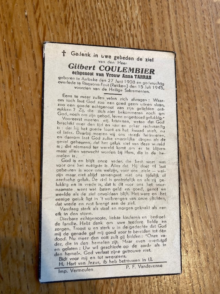Oorlogsslachtoffer? Gilbert Coulembier, Tarras, 1945, Verzenden, Bidprentje