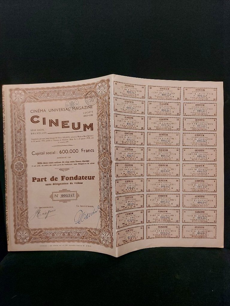 Vintage aandeel Belgisch cinema magazine "Cineum", 1935, Postzegels en Munten, Aandelen en Waardepapieren, Ophalen of Verzenden