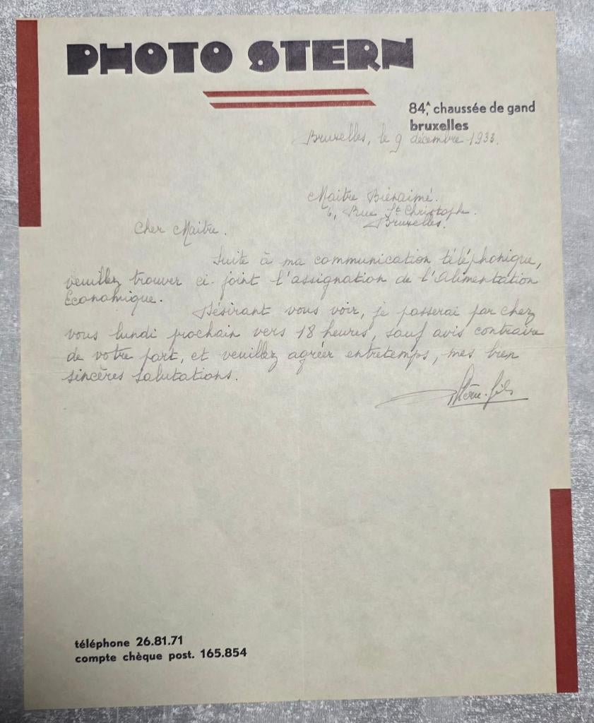 1933+PHOTO STERN+Bruxelles+STERN+LAS+Lettre à en-tête, Avant 1940, Photo, Comme neuf, Enlèvement