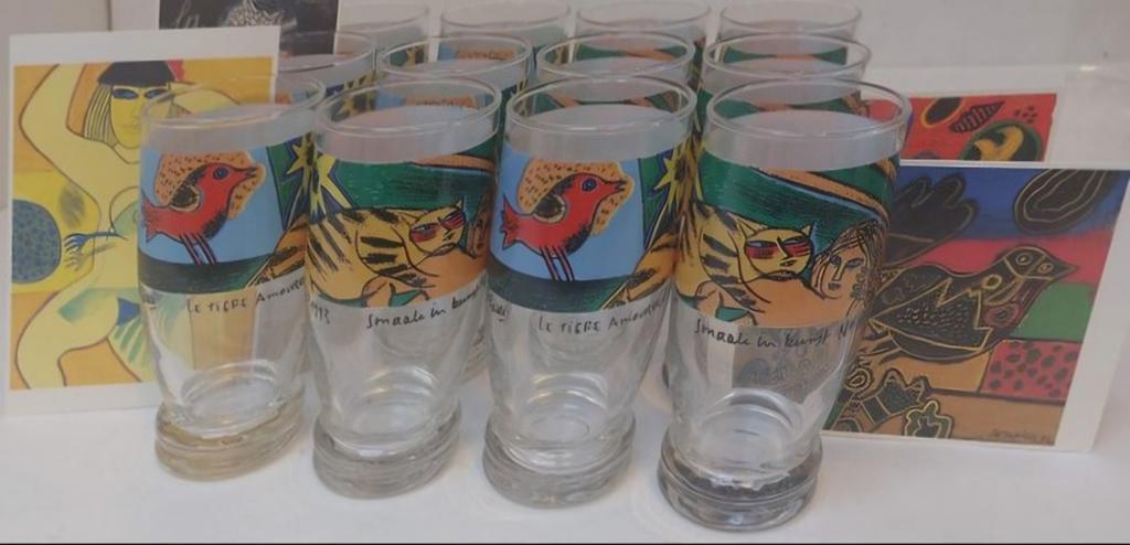 Set Guilame Corneille de 12 verres et 4 cartes postales, Enlèvement ou Envoi