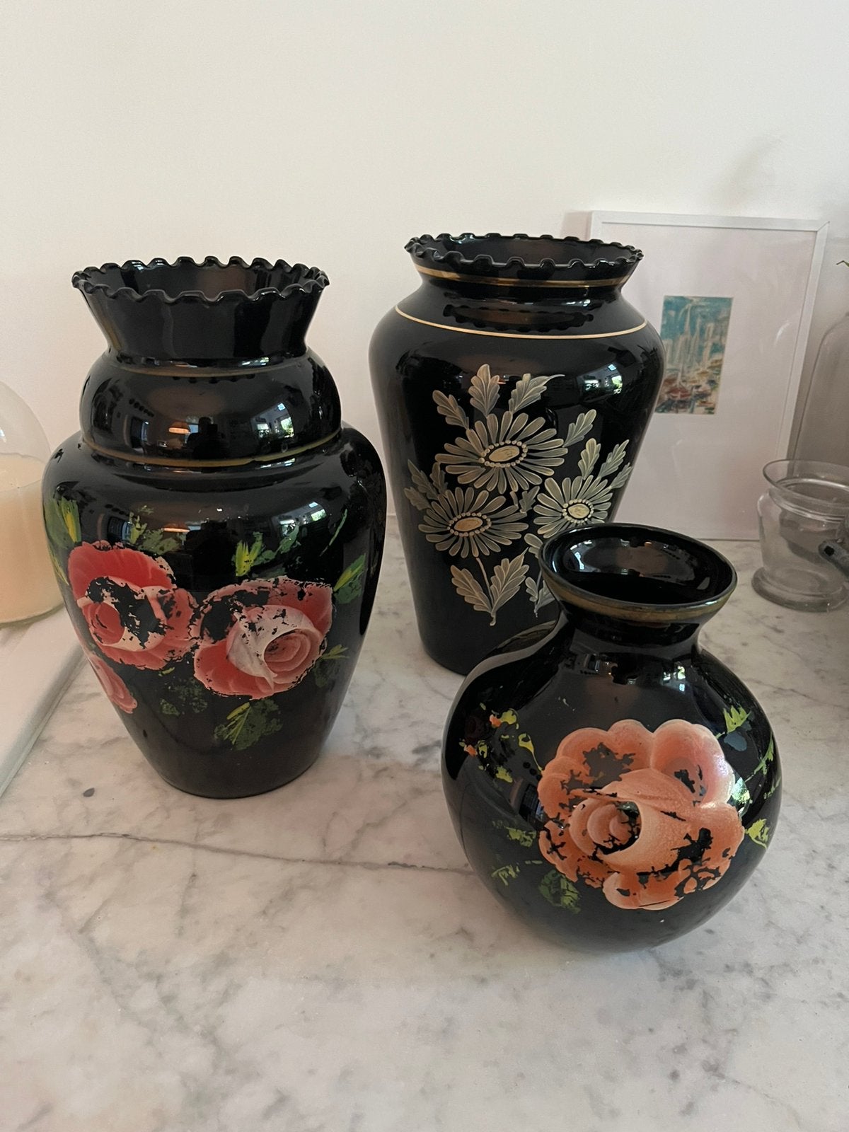 COLLECTIE VAZEN BOOMS ZWART GLAS BLOEMEN MOTIEF, Antiek en Kunst, Ophalen of Verzenden