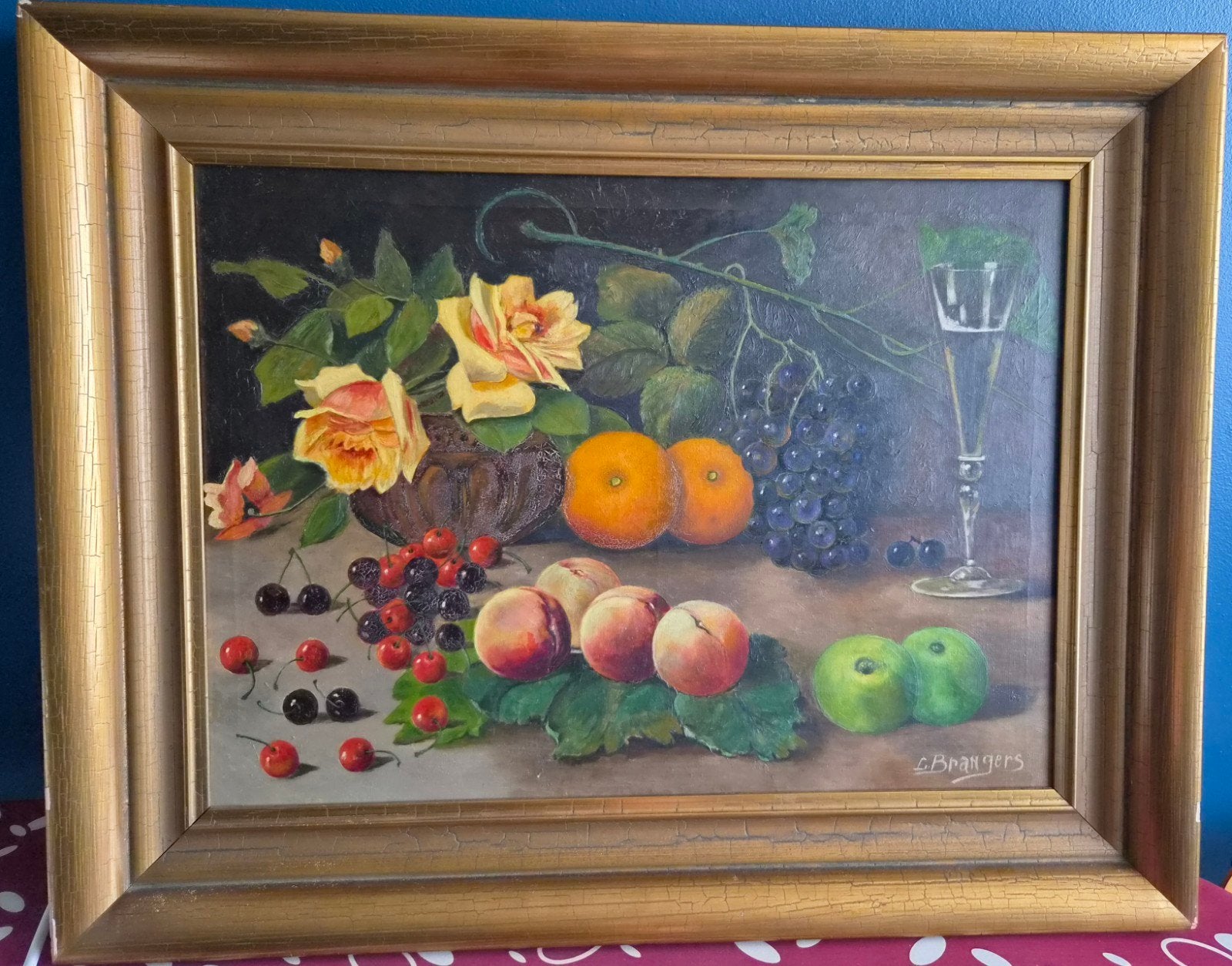fruitstilleven, uitgevoerd in olieverf op doek gegekent, Antiquités & Art, Peinture à l'huile, Signé, Enlèvement, Toile