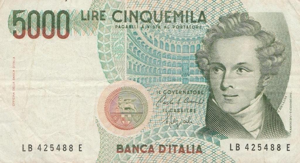 5000 lires Italia 1985 Bellini, Enlèvement, Italie, Billets en vrac