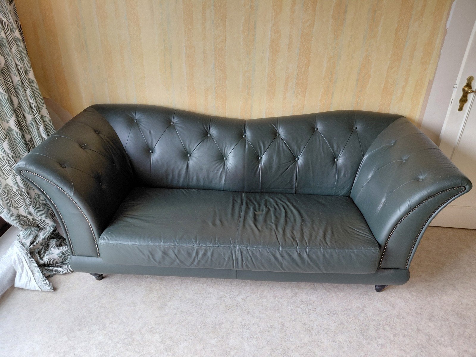 Chesterfield 3-zits zetel – donkergroen kunstleer – 200 cm, Ophalen, Gebruikt, Chesterfield, Driepersoons