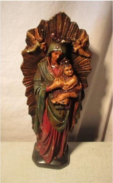 Prachtig Antiek Beeld van de Maagd Maria en Jezus - 37cm, Antiek en Kunst, Ophalen of Verzenden
