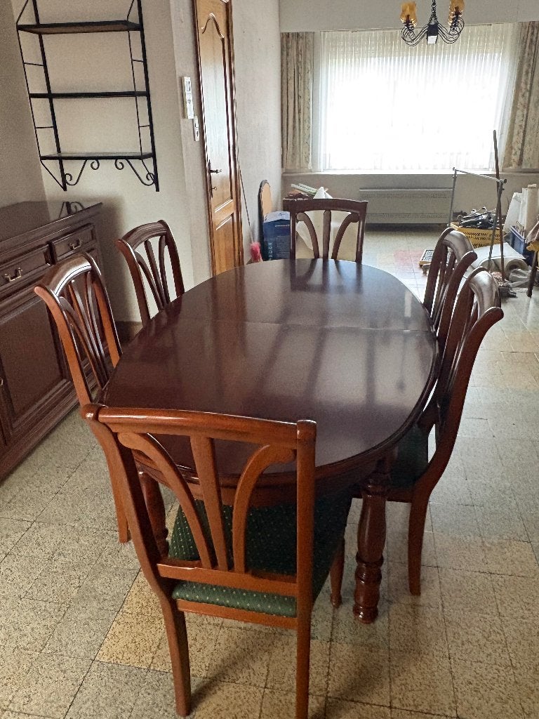 tafel met 6 stoelen kerselaar, Ophalen, 200 cm of meer, 50 tot 100 cm, Zo goed als nieuw