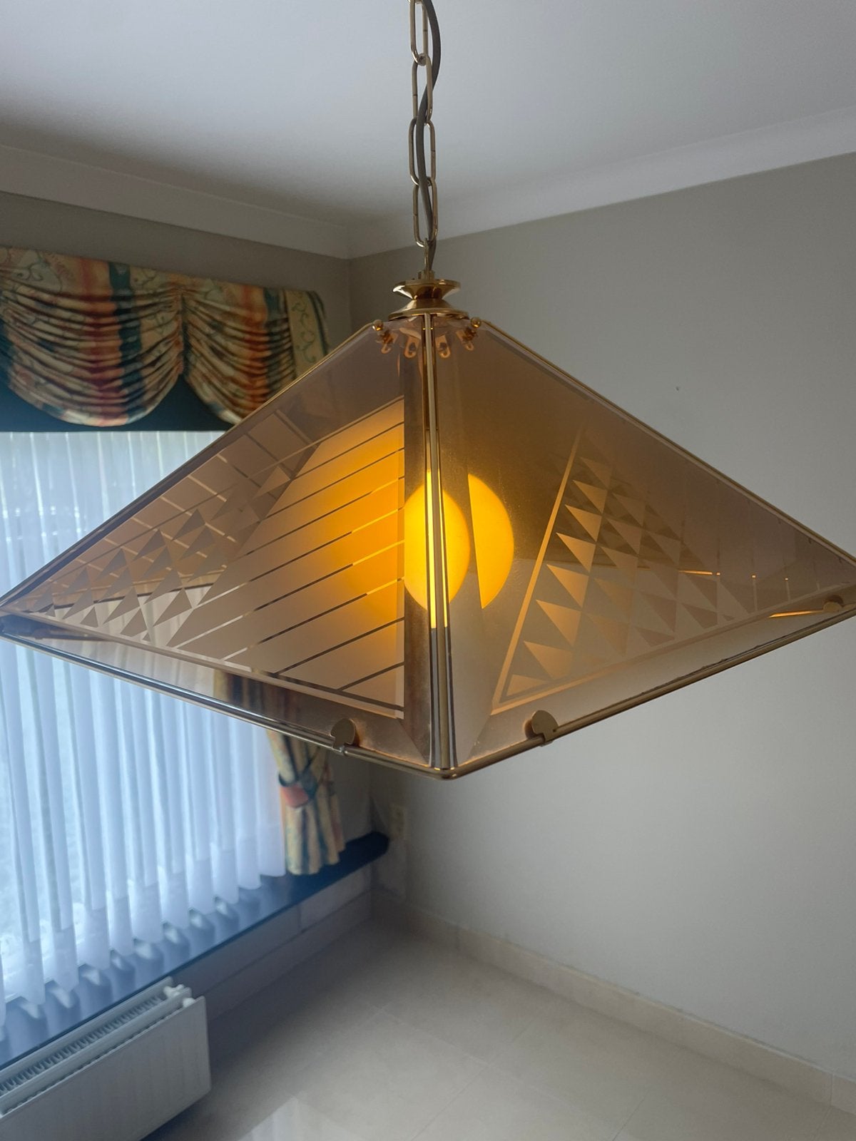 Vintage hanglamp – amberkleurig glas en messing – retro, Ophalen, Zo goed als nieuw, Glas