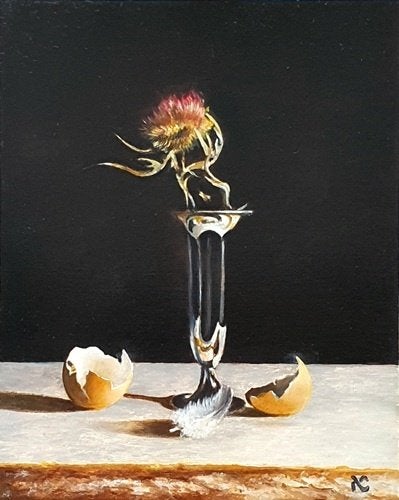 Kunsthandel Gennep - "Zilveren Vaasje Met Distel", Antiquités & Art, Enlèvement ou Envoi, Bois, Signé, Peinture à l'huile