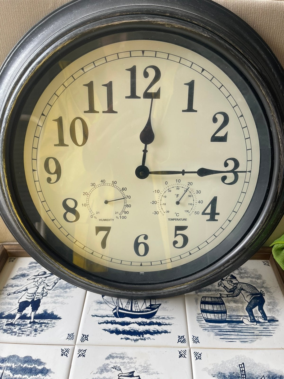 Retro wandklok 40 cm met thermometer & hygrometer, Ophalen, Retro, Met thermometer, Wandklok