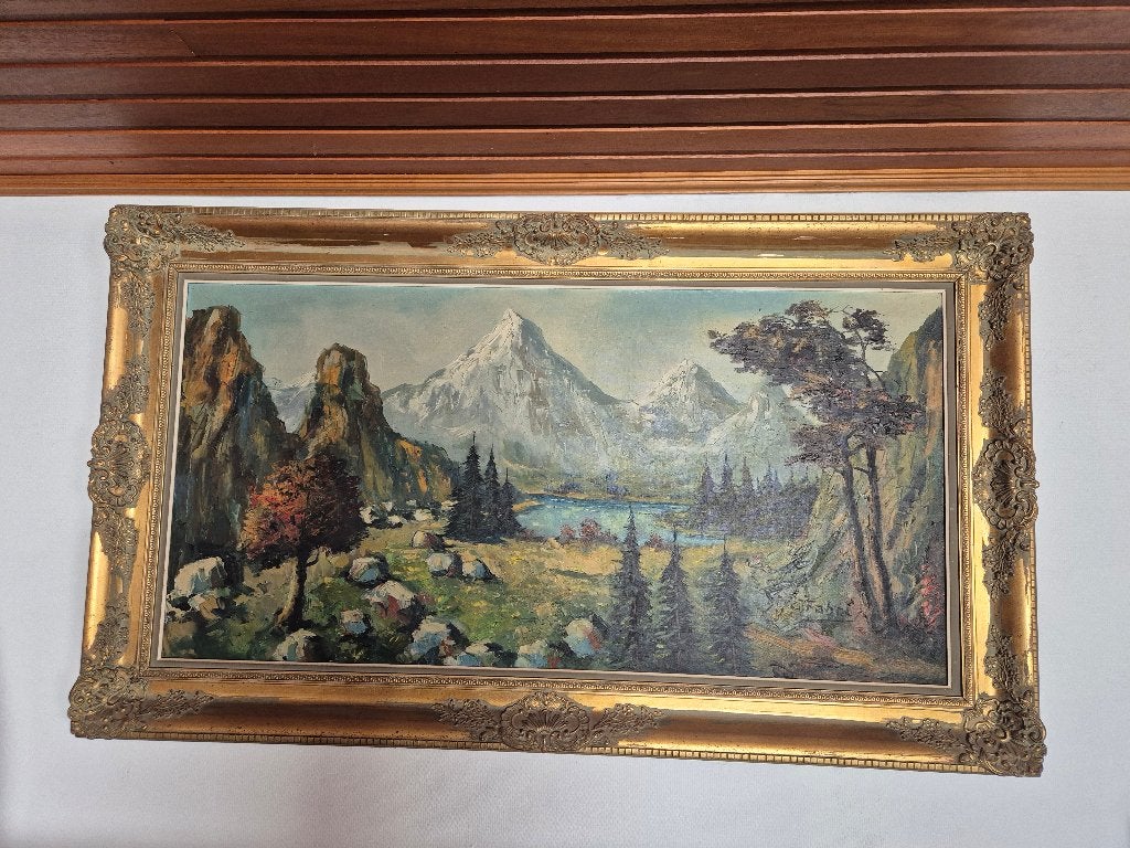 Groot olieverfschilderij Alpenlandschap (144x83 cm)–G. Fabri, Ophalen, Doek, Landschap, Olieverf