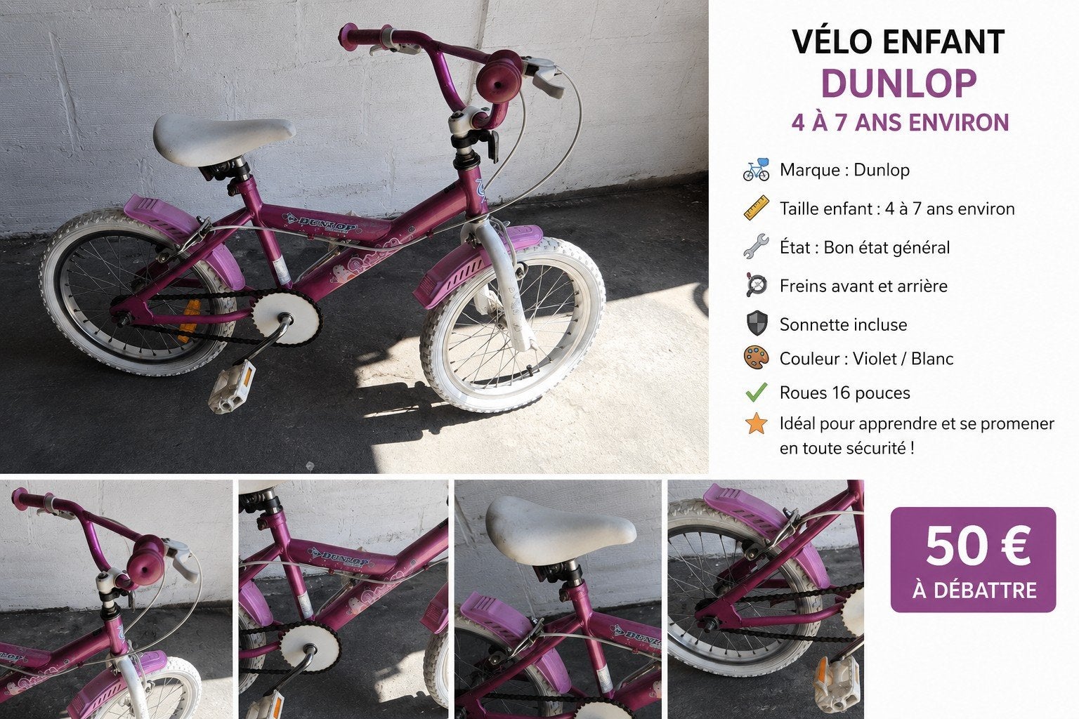 Vélo enfant Dunlop 16 pouces – rose/violet, Vélos & Vélomoteurs, Enlèvement, 16 pouces