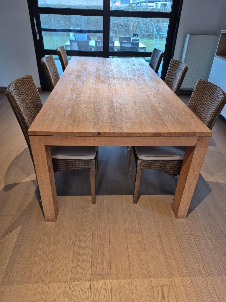 Tafel 110B x 240L x 78H + 6 stoelen/kussens in Pelt Limburg, Ophalen, Gebruikt, 100 tot 150 cm, Strak warm hout teak