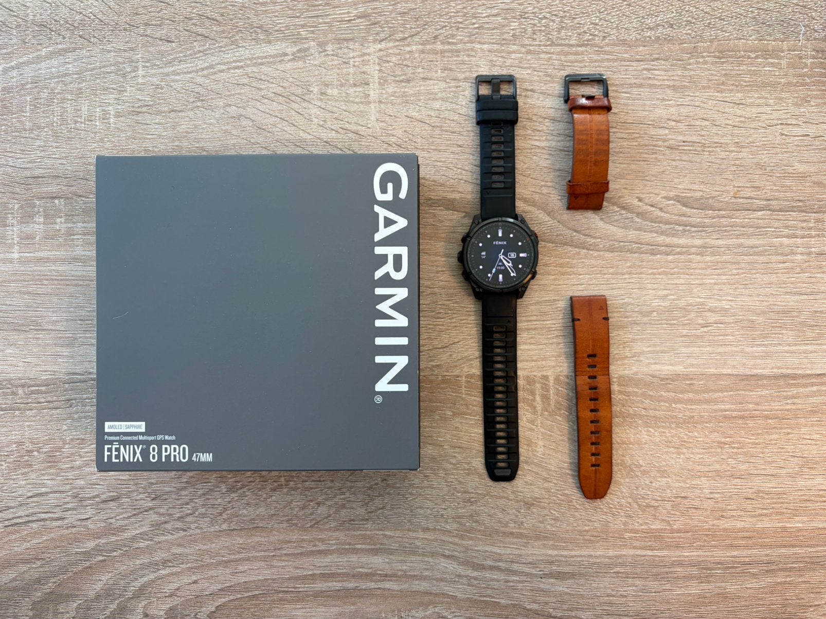 Garmin Fenix 8 Pro 47mm Saphir + bracelet cuir, Ophalen, Zwart, Stappen, Zo goed als nieuw