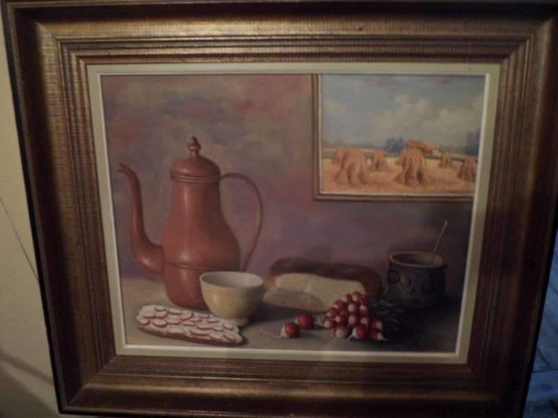 Schilderijtje stilleven maaltijd na werk op veld, Enlèvement ou Envoi, Peinture à l'huile, Nature morte, Toile