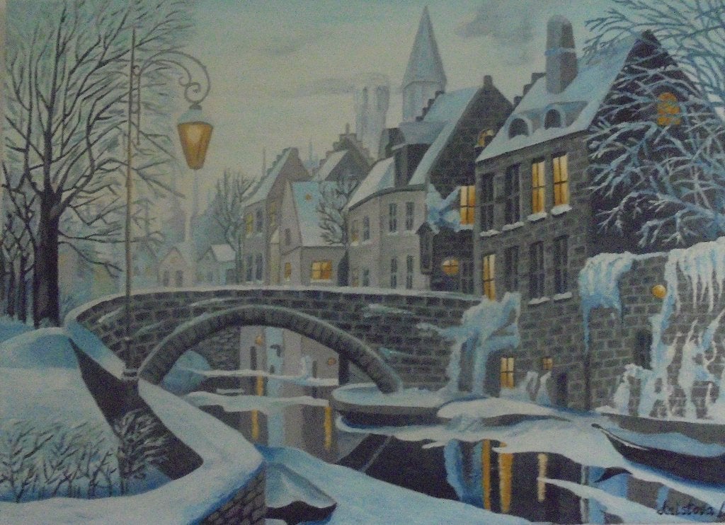 olieschilderij Brugge in winter (50x70cm), Antiek en Kunst, Doek, Ophalen of Verzenden, Olieverf, Klassiek