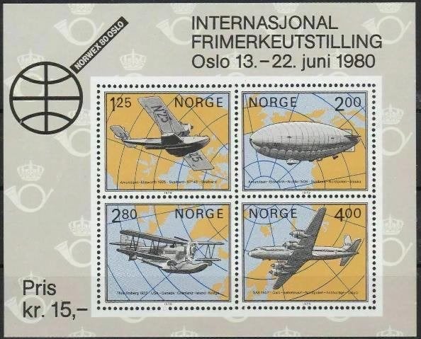 Norvège 1979, Aviation – Bloc-feuillet NORWEX 80, Michel :, Envoi, Non oblitéré, Avions