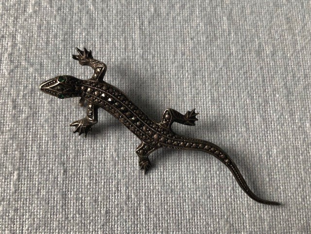 835 Zilveren Broche Hagedis met Marcasiet, Handtassen en Accessoires, Broches, 4 tot 7 cm, Ophalen of Verzenden, Zo goed als nieuw