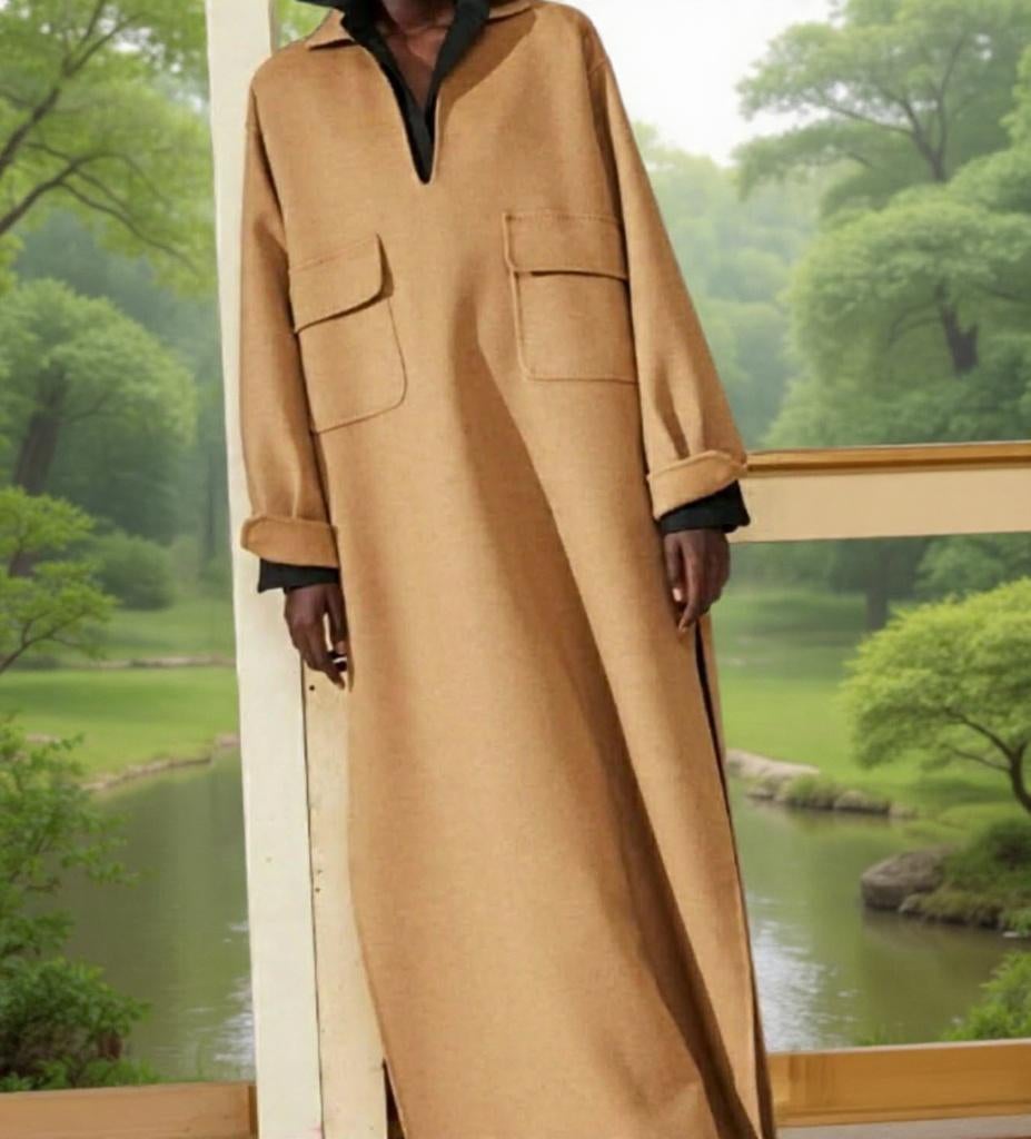 Robe longue, abaya de couleur camel à poches, neuve, Enlèvement ou Envoi, Beige, Taille 42/44 (L), Neuf