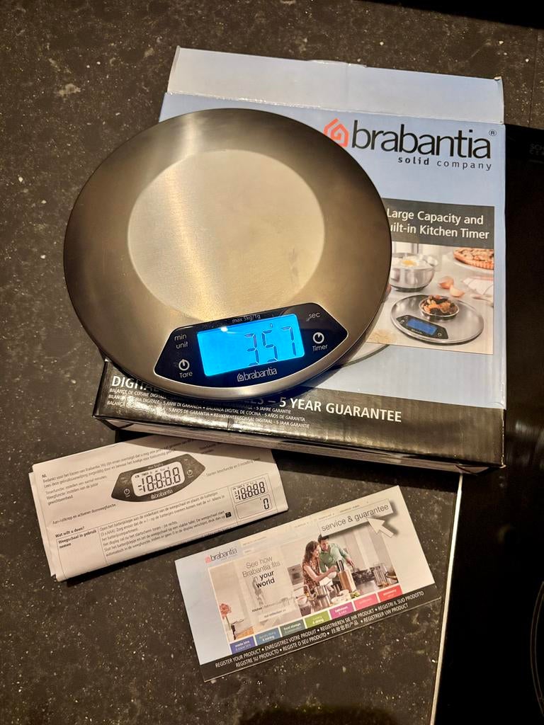 Keukenweegschaal Brabantia, Elektronische apparatuur, Weegschalen, Minder dan 10 kg, Keukenweegschaal, 1 tot 500 gram, Nieuw