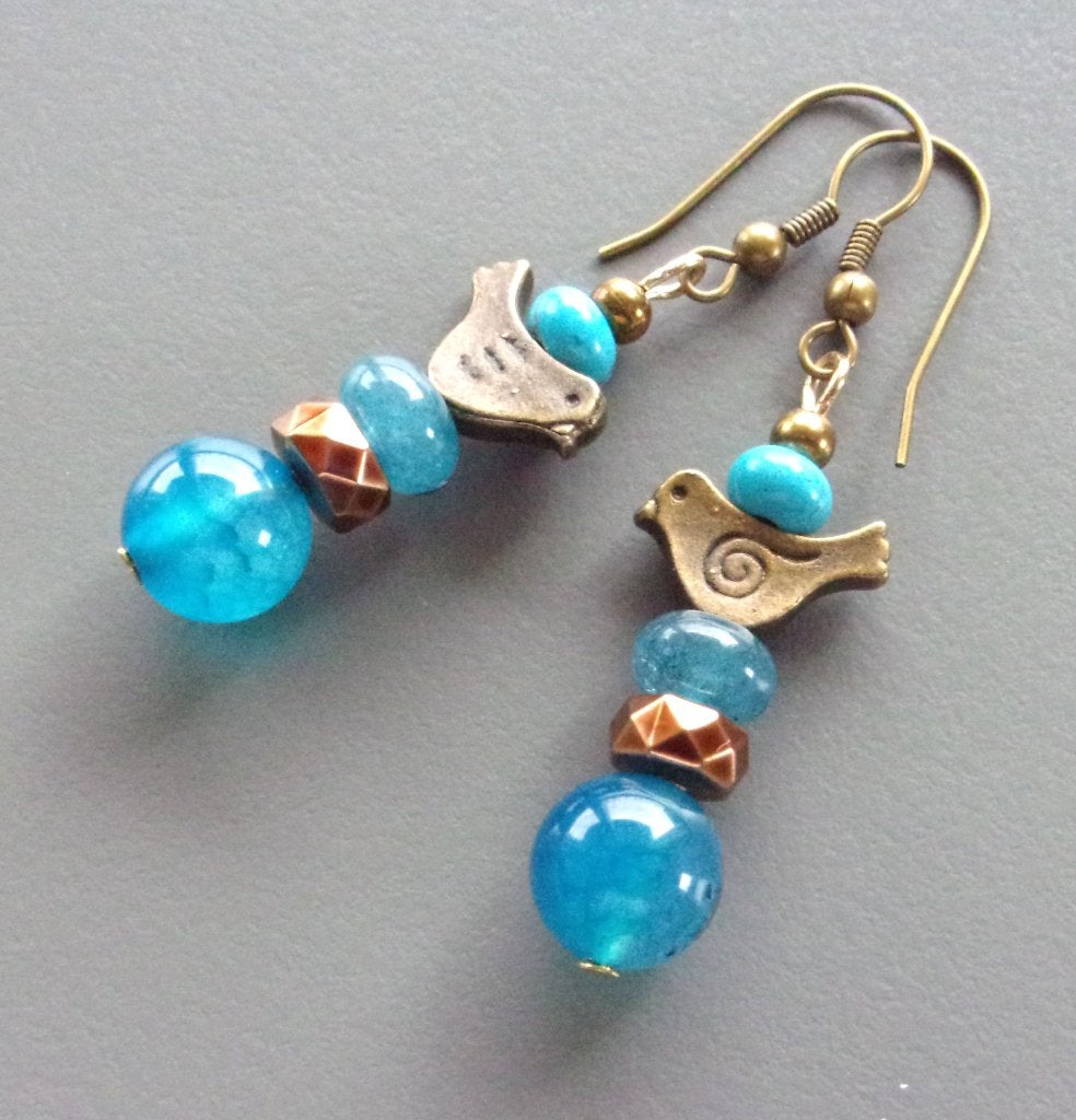 Boucles d'oreilles en aigues-marines, turquoises et oiseaux, Bijoux, Sacs & Beauté, Boucles d'oreilles, Neuf, Enlèvement ou Envoi