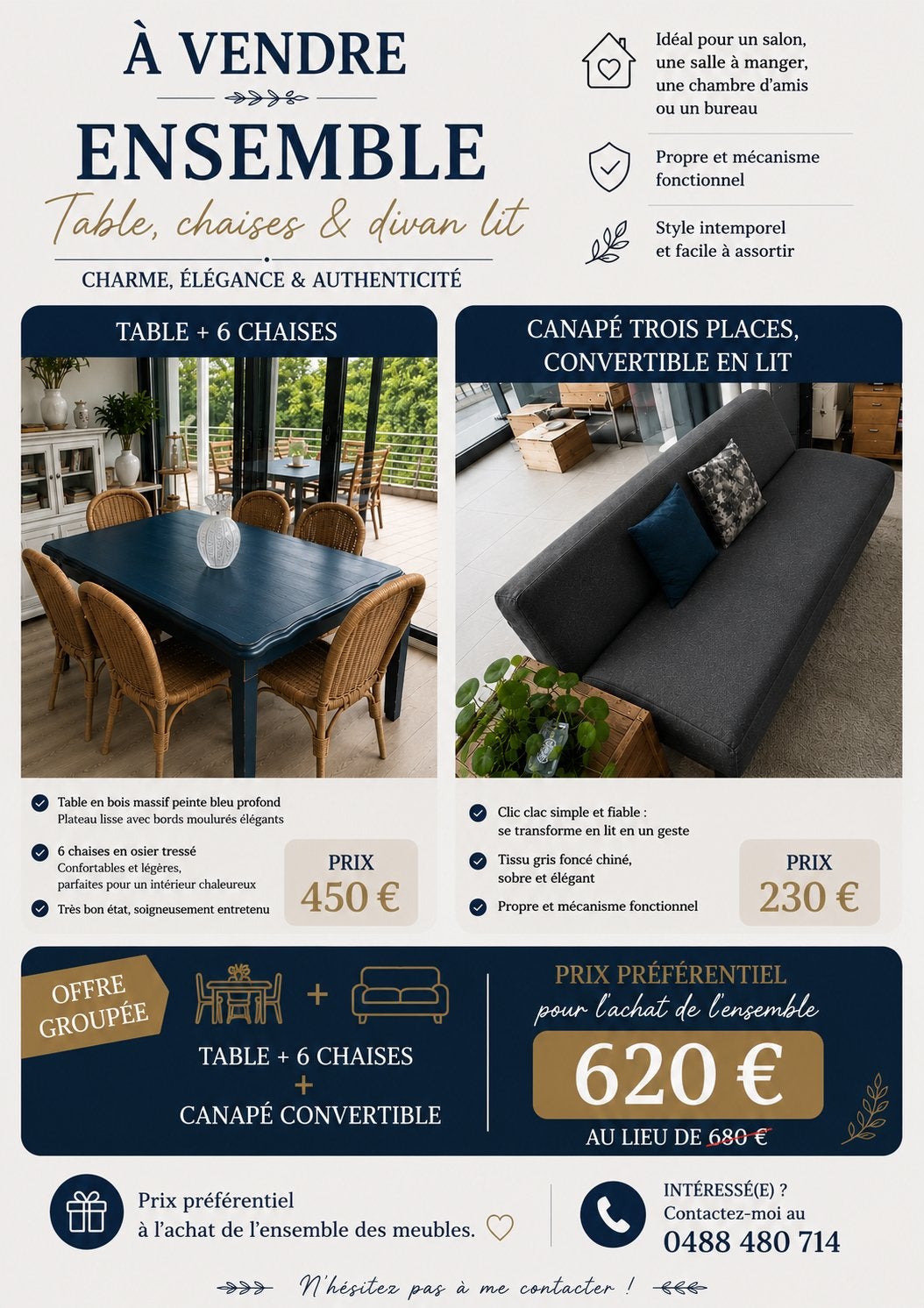 Divan convertible avzc table en bois bleu et chaise en osier, Enlèvement, Comme neuf, Bois