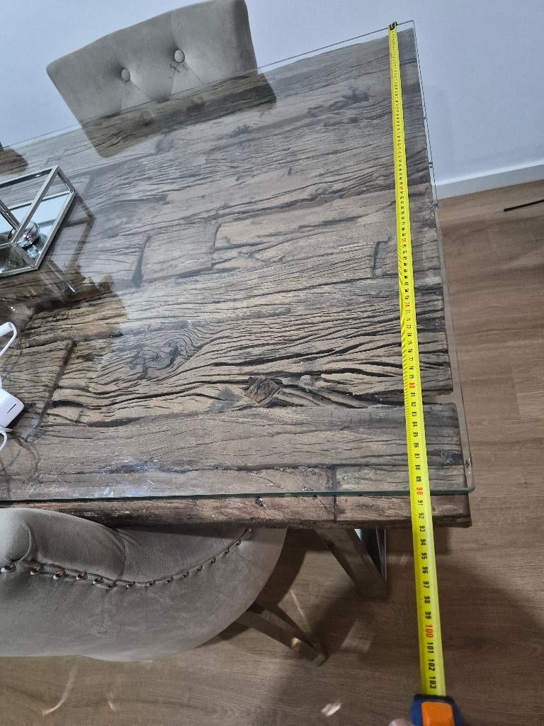 Moderne houten tafel met metalen poten, 50 tot 100 cm, Zo goed als nieuw, Vijf personen of meer, 150 tot 200 cm