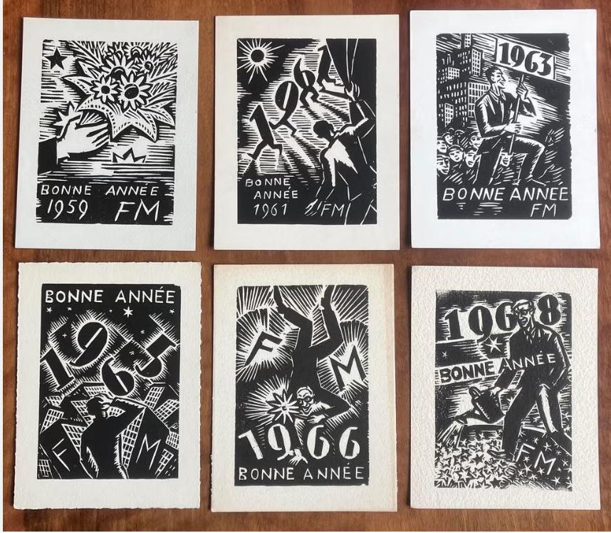 Frans Masereel - 6 originele nieuwjaarskaarten, Ophalen of Verzenden, 13 cm, 10 cm, 1950 - 1999