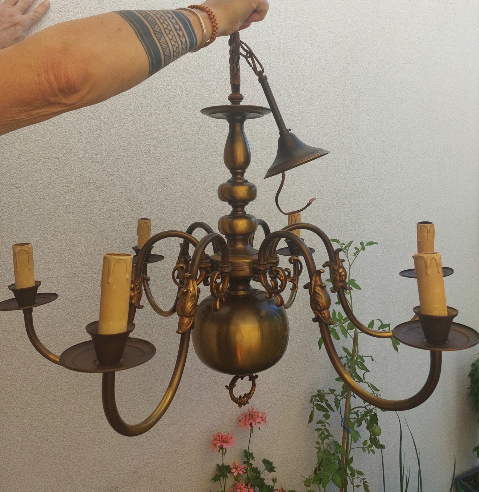 Lustre hollandais en laiton à 6 branches, Enlèvement, Hollandais