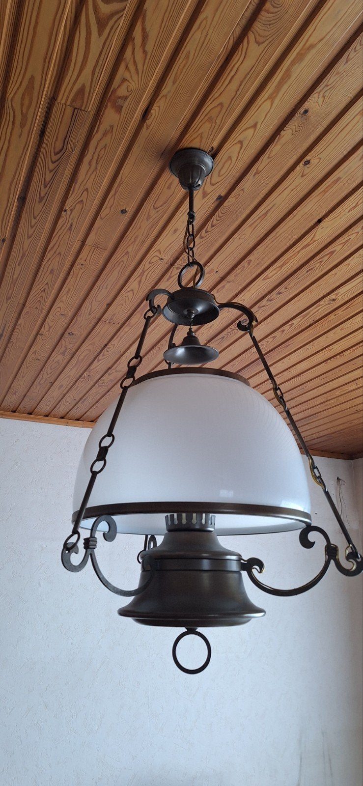 Antieke bronzen luster, Ophalen, Gebruikt, Glas, E27 (groot)