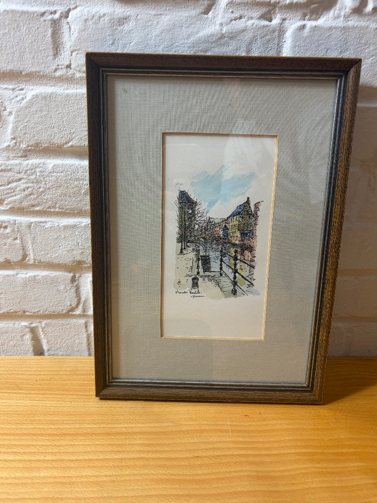 Sfeervol Ingelijst Kunstwerk ‘Vismarkt Mechelen’ –Gesigneerd, Antiek en Kunst, Ophalen of Verzenden, Gesigneerd, Landschap, Gemengde techniek