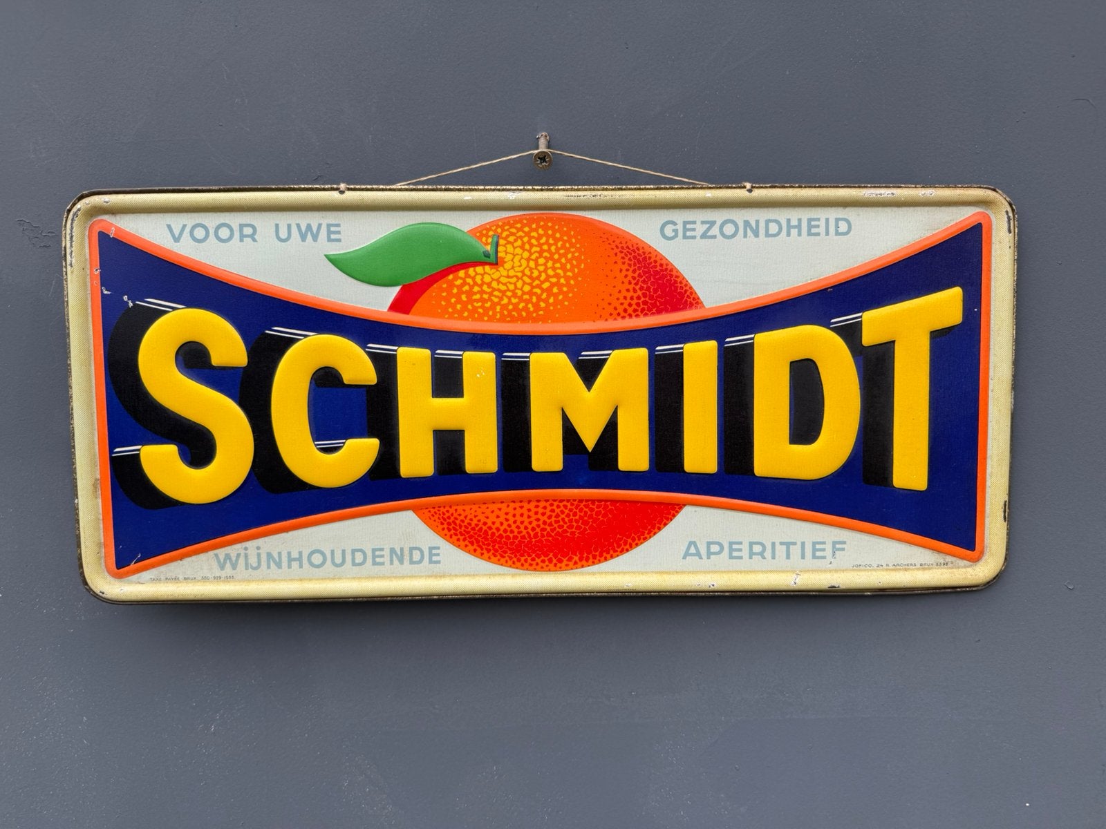 Enseigne publicitaire ancienne SCHMIDT 1935 !, Enlèvement ou Envoi, Utilisé, Panneau publicitaire