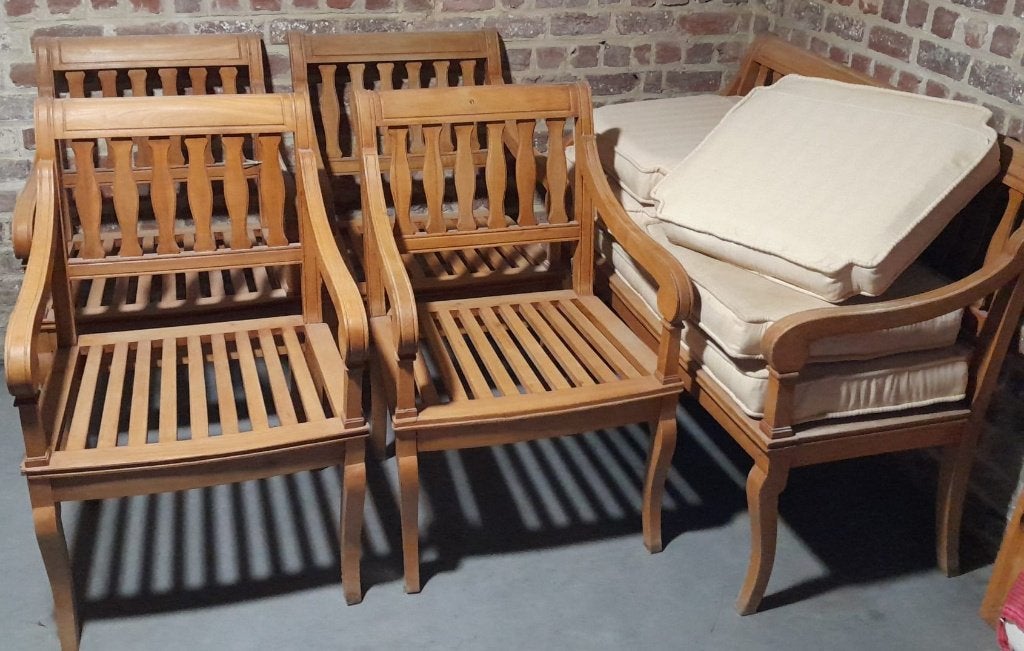 Wintertuinmeubilair in massief beukenhout, fauteuils en bank, Ophalen, 6 zitplaatsen, Zo goed als nieuw, Bank