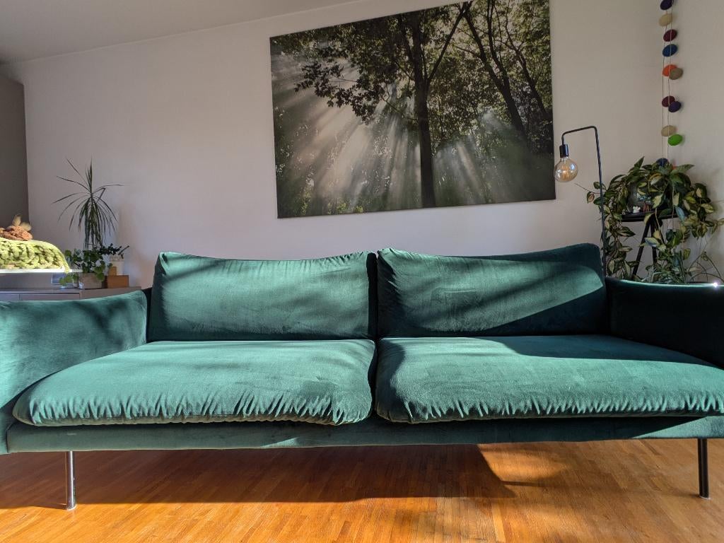 Groene fluwelen zetel (Moby, Westwing), Ophalen, Driepersoons, Zo goed als nieuw, Rechte bank