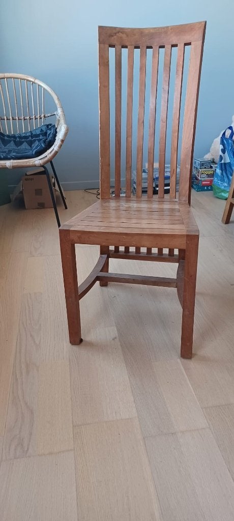 5 houten (teak) stoelen, Ophalen, Gebruikt, Bruin, Hout